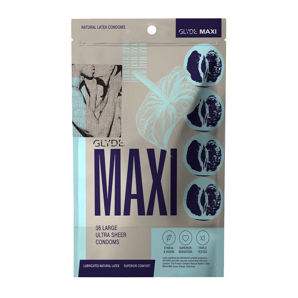 Glyde Maxi Latex Condoms 36-Pack Glyde Maxi 36-pack condom box with silver blue artwork and size icons along one side