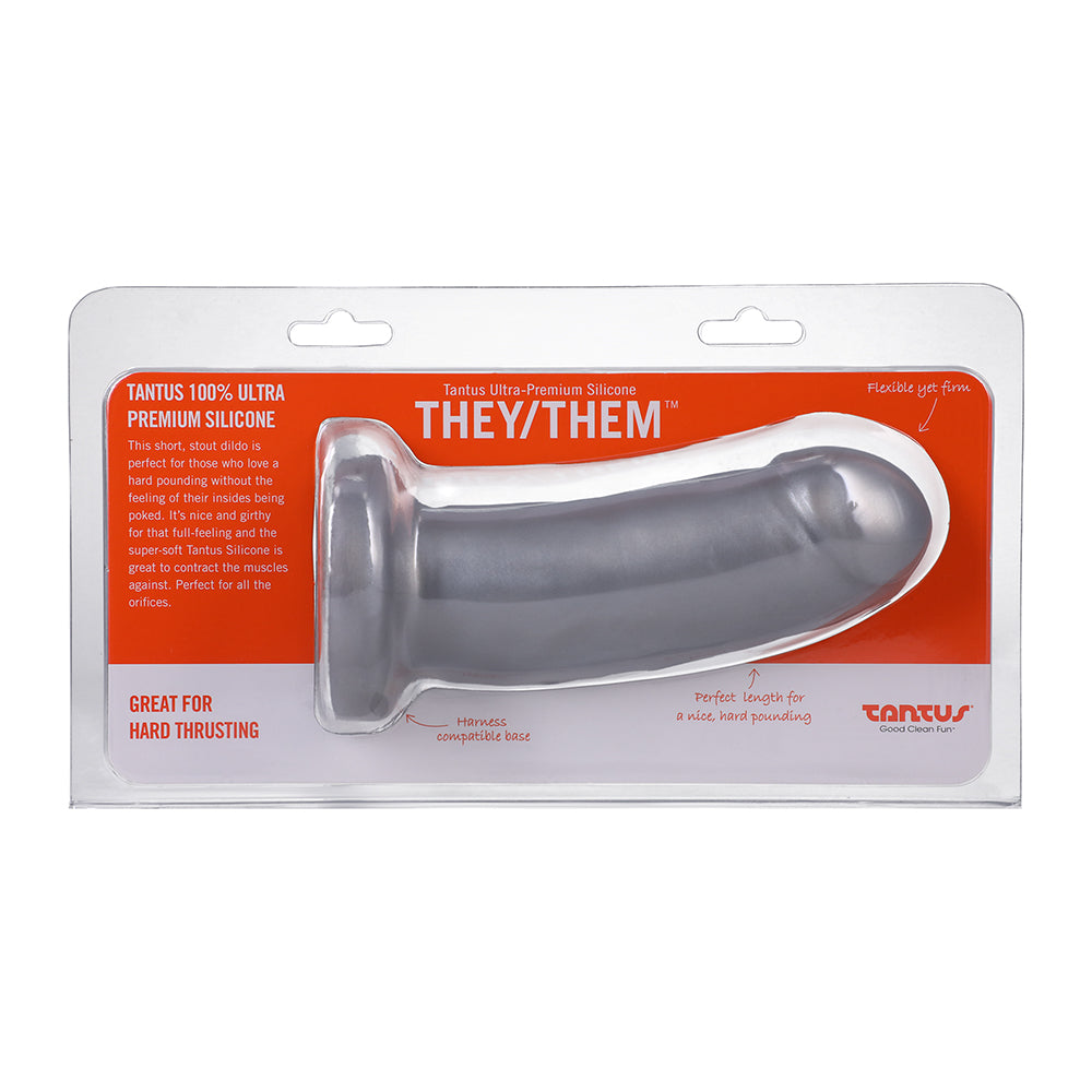 Tantus They/Them Super Soft Dildo Silver Front package of silver Tantus They Them Super Soft dildo