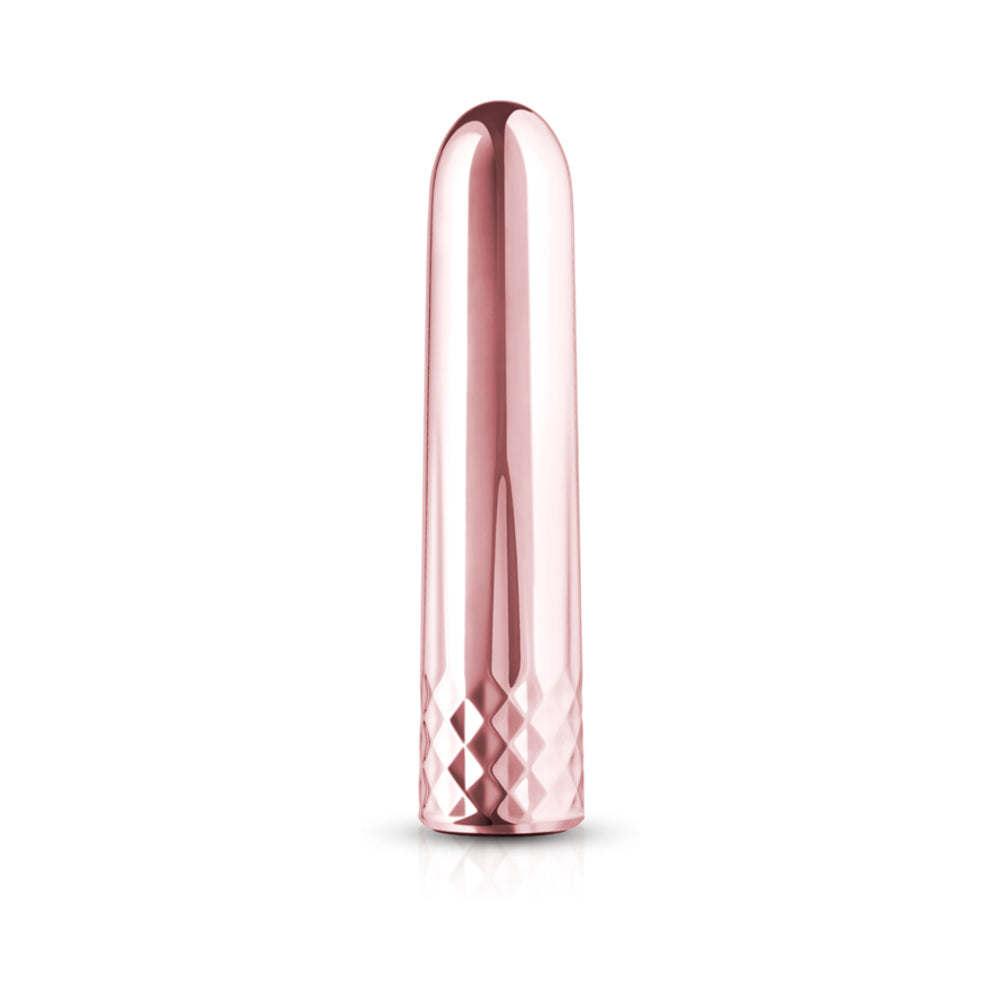 Rosy Gold Nouveau Mini Vibrator upright Rosy Gold Nouveau Mini Vibrator with rounded tip and faceted base