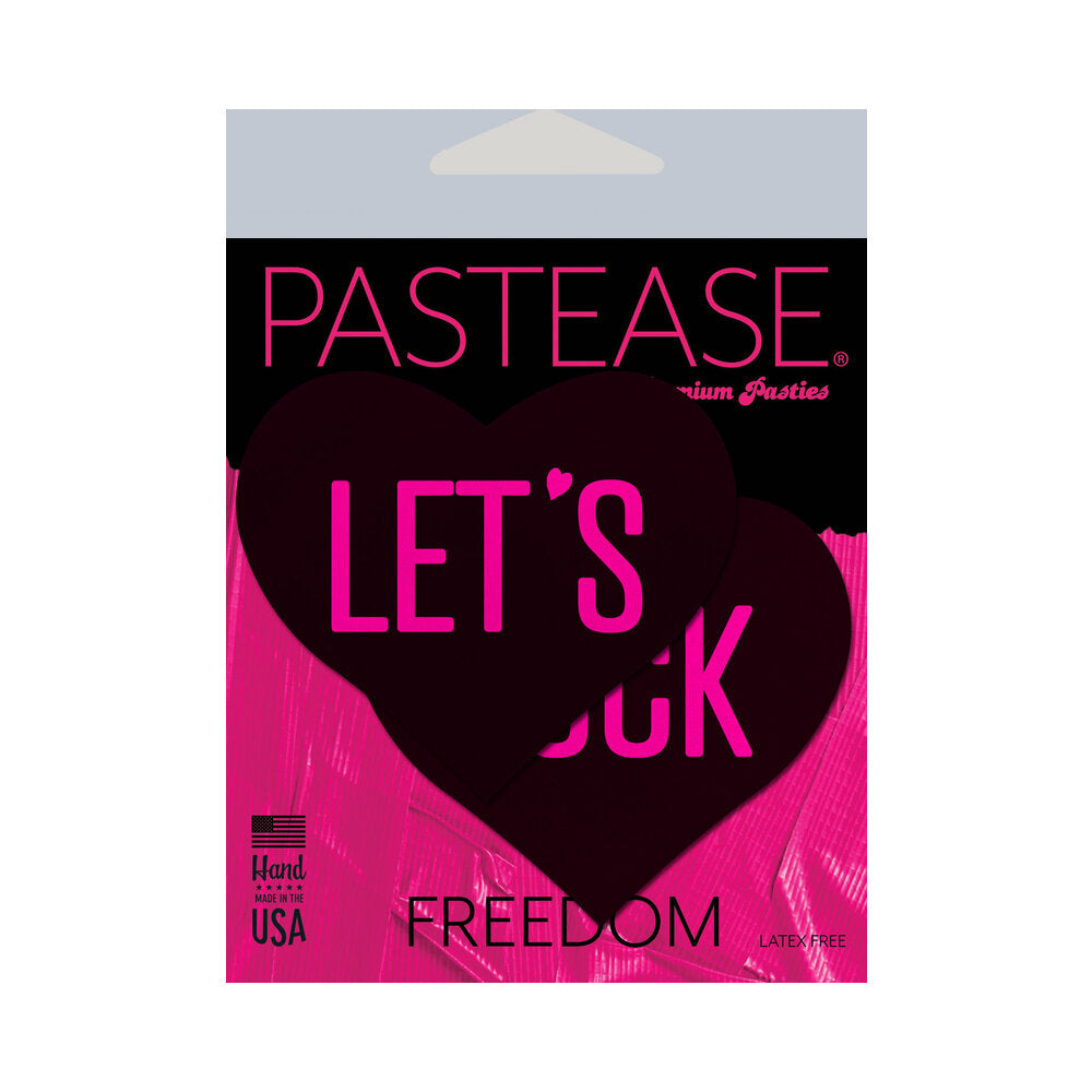 Pastease Love: Let''s Fuck Black Heart on Neon Pink Base Nipple Pasties Pastease black Let's Fuck heart pasties package