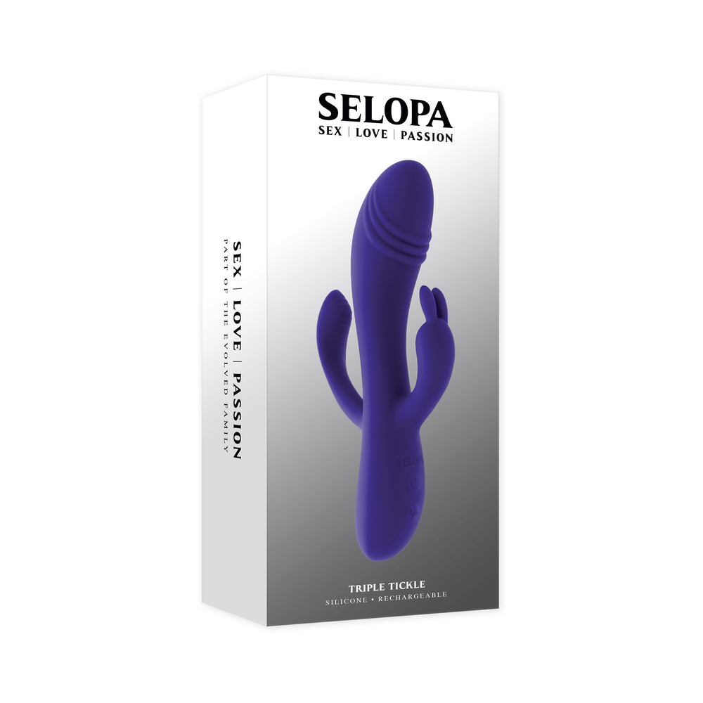 Selopa Triple Tickle 3-Point Stimulation Vibrator Purple Selopa Triple Tickle purple three-arm vibrator beside the tall white retail box