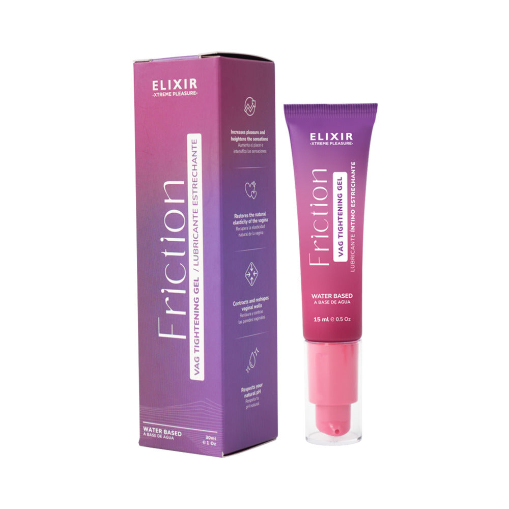 Elixir Friction Tightening Intimate Gel 1 oz. Elixir Friction Tightening Intimate Gel 1 oz magenta pump tube beside purple retail carton