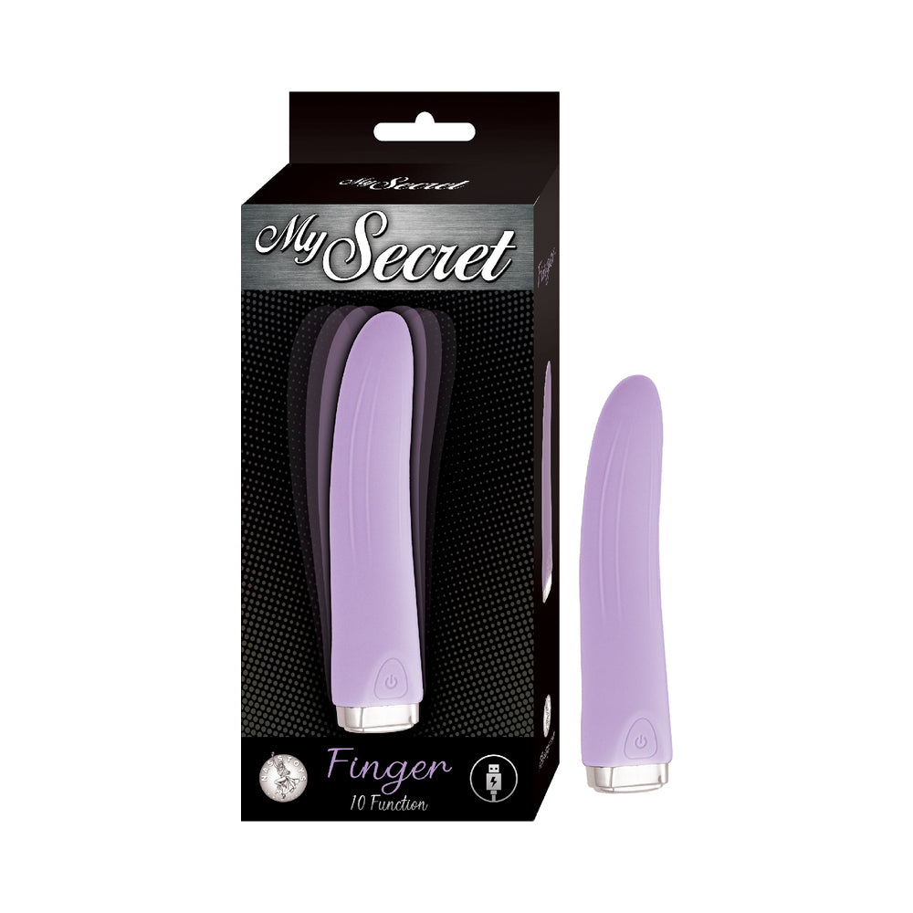 My Secret Finger Purple purple Nasstoys My Secret Finger vibrator with silver base beside black retail box