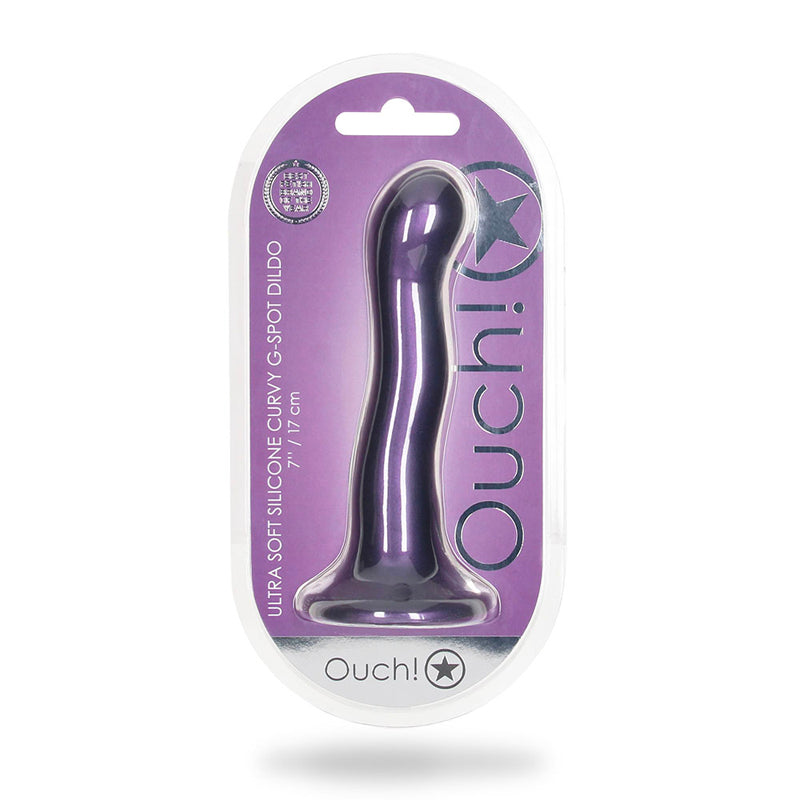 Ouch! Ultra Soft Silicone 7 in. Curvy G-Spot Dildo Metallic Purple Shots Ouch metallic purple 7 inch curved silicone dildo front clamshell retail package