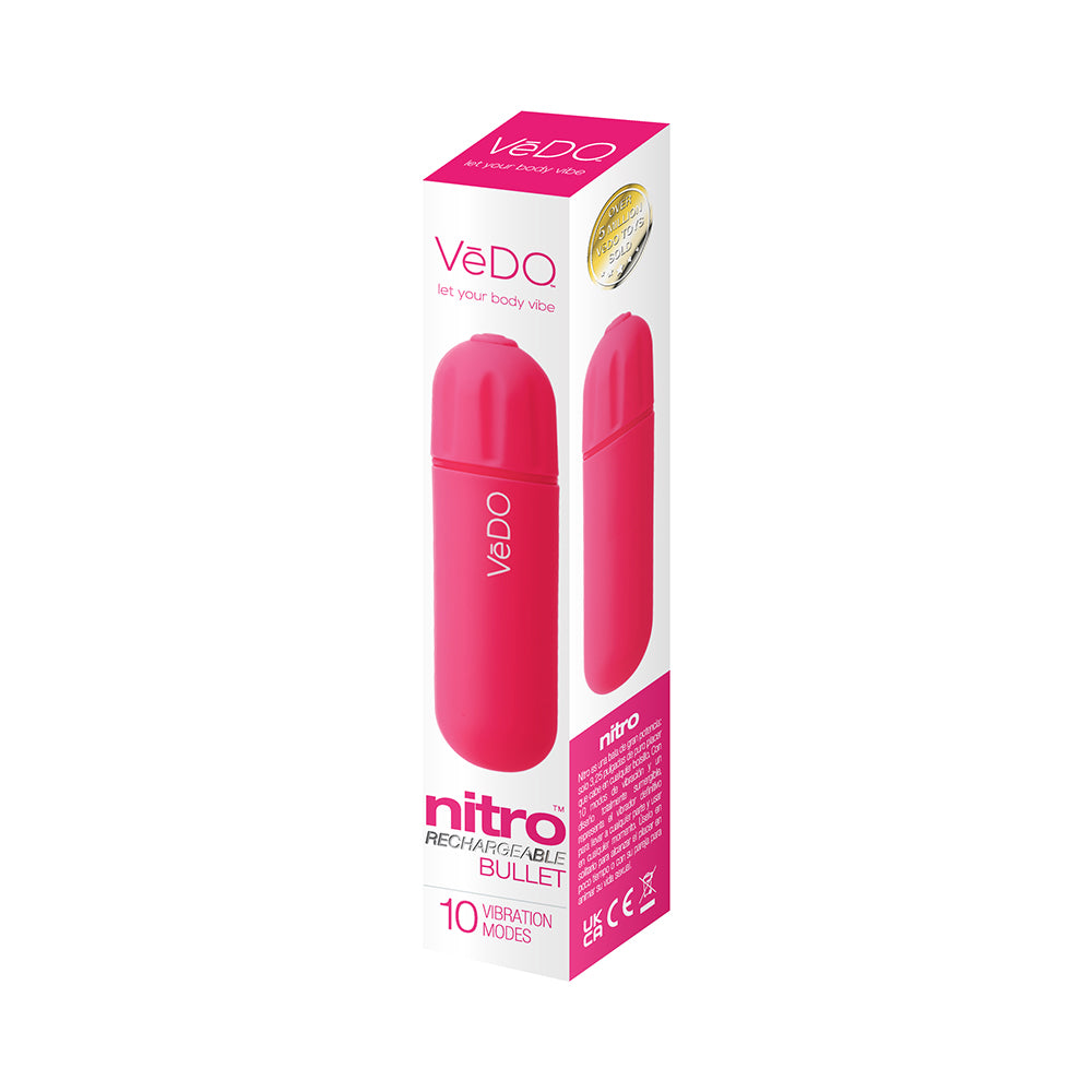 VeDO Nitro Rechargeable Bullet Vibe Pink VeDO Nitro pink rechargeable bullet vibrator in white carton