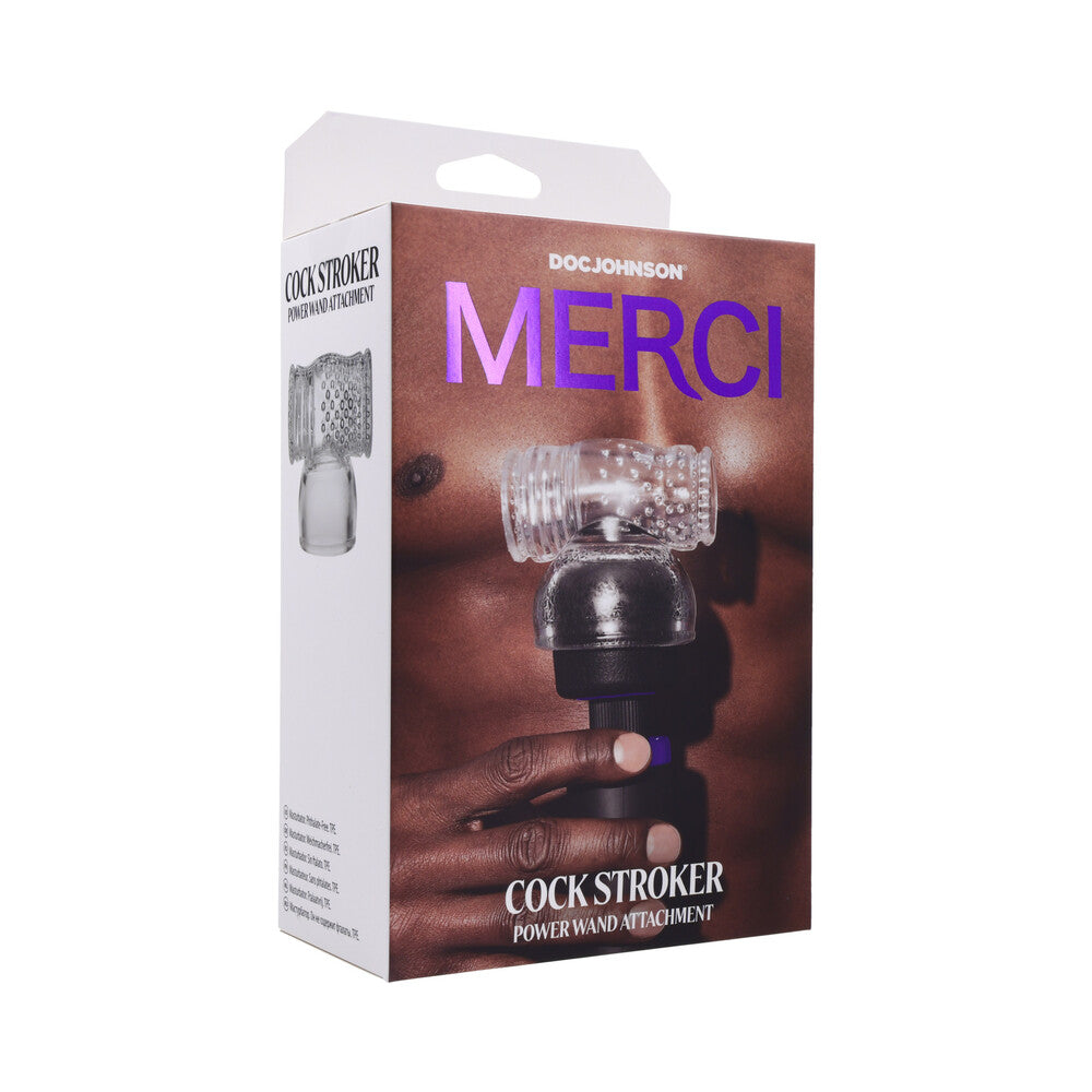 Merci Cock Stroker Wand Attachment clear double-ended Merci Cock Stroker attachment pictured on white retail box