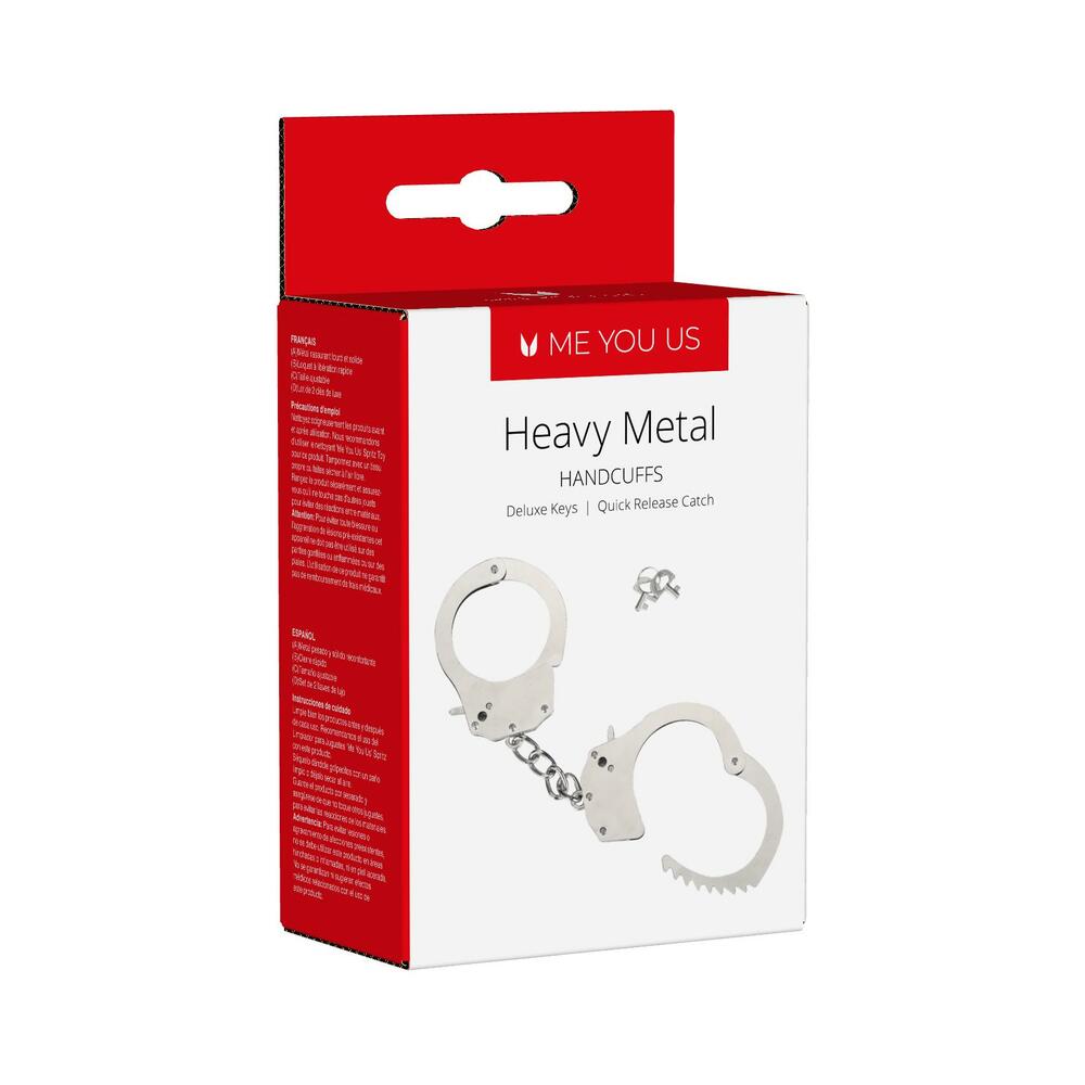 Me You Us Heavy Metal Handcuffs Silver Me You Us silver metal handcuffs with chain and two keys pictured on retail box