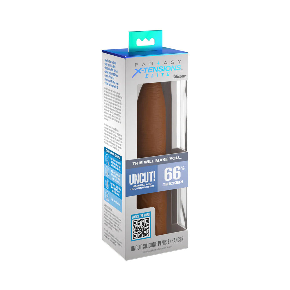 Fantasy X-tensions Elite Uncut 7 in. Open-Ended Silicone Enhancement Sleeve Tan Fantasy X-tensions Elite Uncut tan sleeve retail box