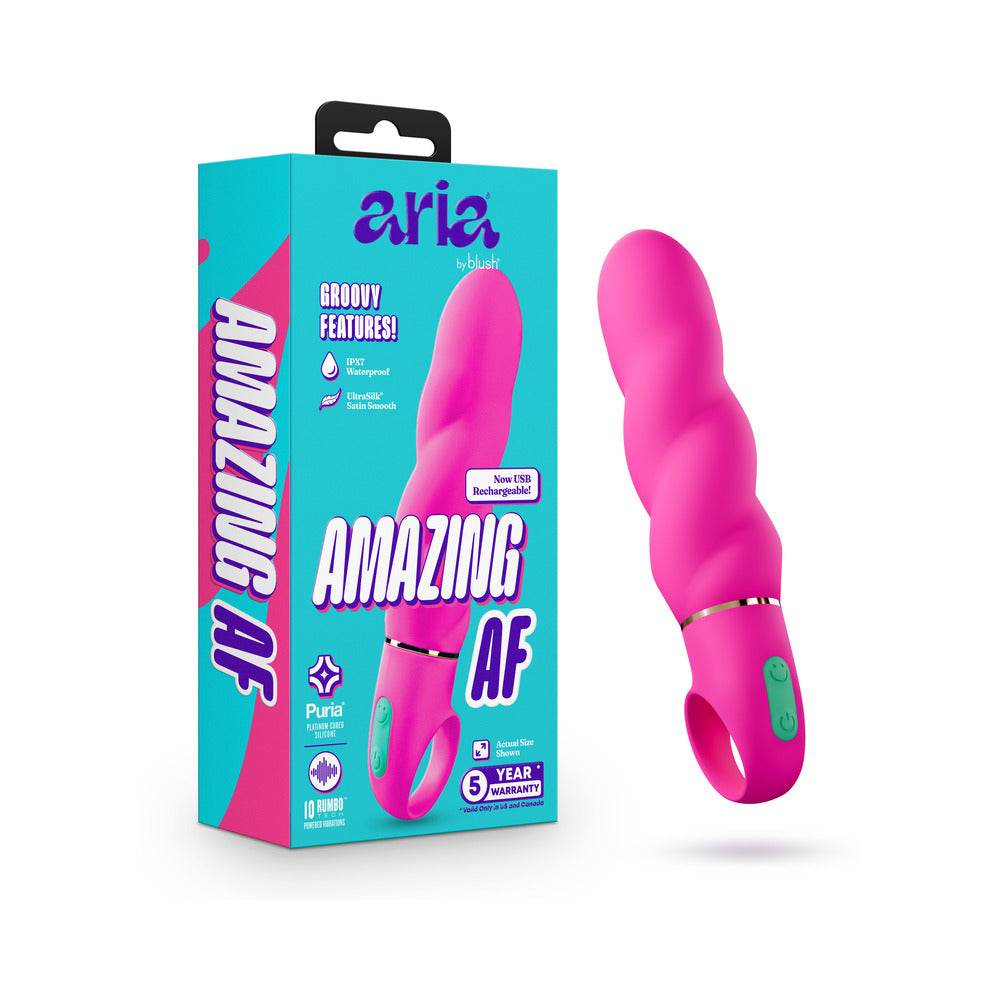 Aria Amazing AF 2.0 Rechargeable Vibe Fuchsia Fuchsia Aria Amazing AF 2.0 vibrator beside colorful retail box