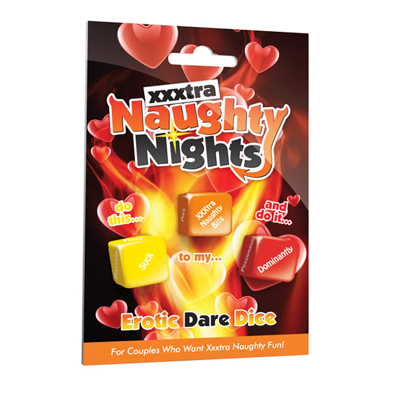 XXXtra Naughty Nights Erotic Dare Dice XXXtra Naughty Nights Dare Dice red hanging card with yellow orange and red dice