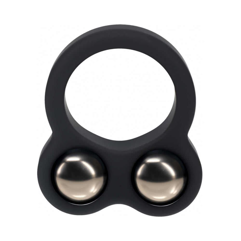 LEVELZ Liquid Silicone Double Weighted Ball Cock Ring Black Black LEVELZ silicone ring with two polished steel balls