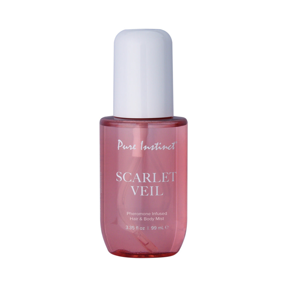 Pure Instinct Pheromone Hair & Body Mist Scarlet Veil 3.35 oz. Deep rose Pure Instinct Scarlet Veil mist bottle with white cap