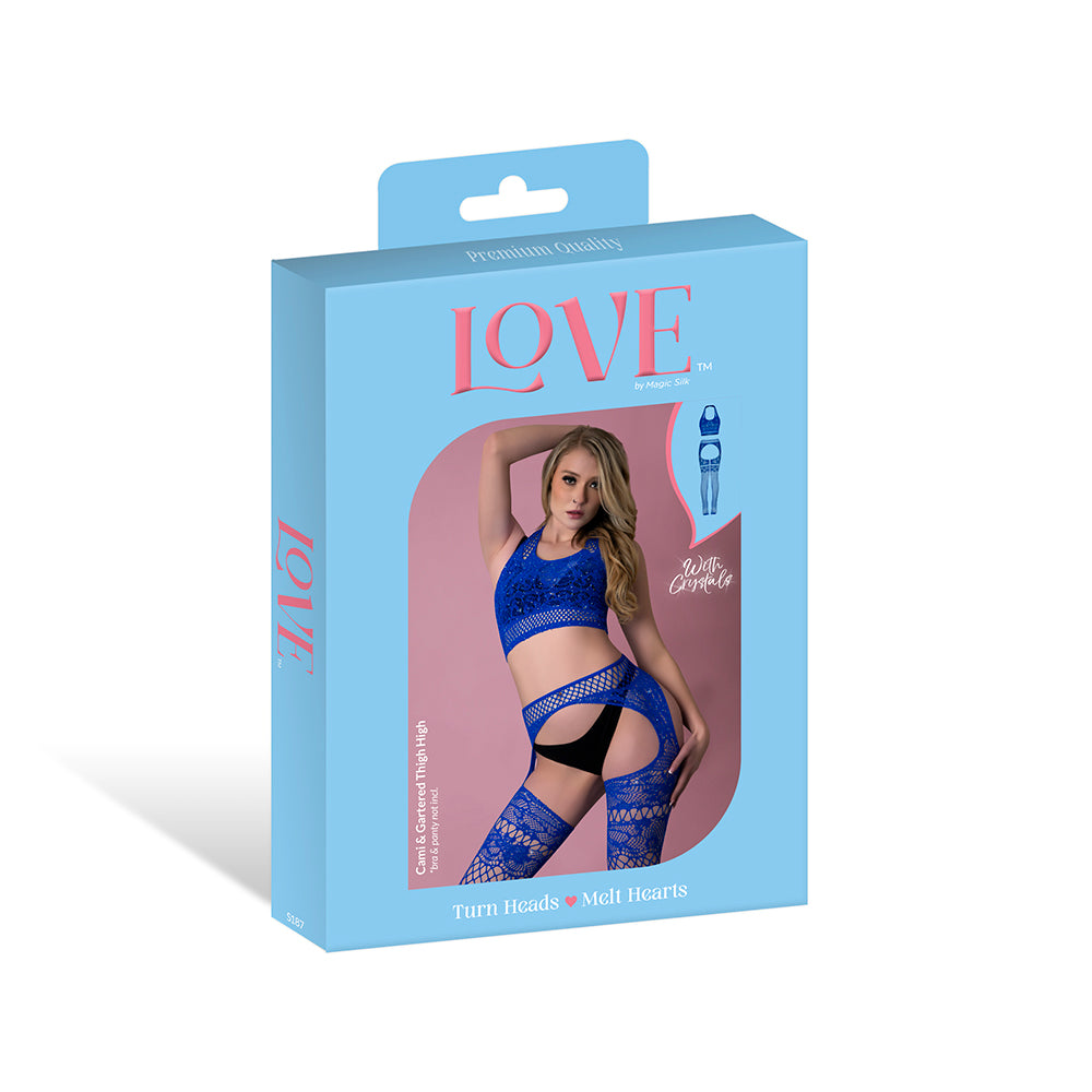 Magic Silk Seamless Cami & Gartered Thigh High Blue O/S Magic Silk seamless blue cami gartered thigh high set displayed in blue retail packaging