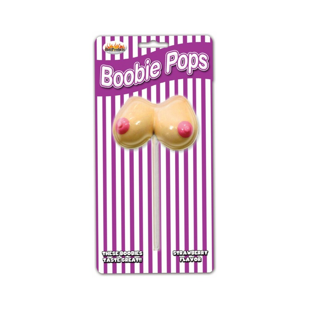 Boobie Pops-Strawberry Hott Products Boobie Pops Strawberry Lollipop beige and pink candy on purple striped card