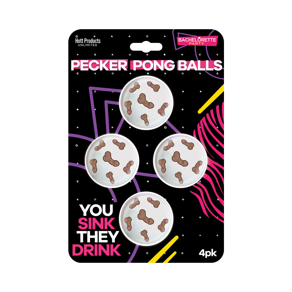 Pecker Beer Pong Balls 4-Pack four white Pecker Pong Balls with brown print on black neon retail card