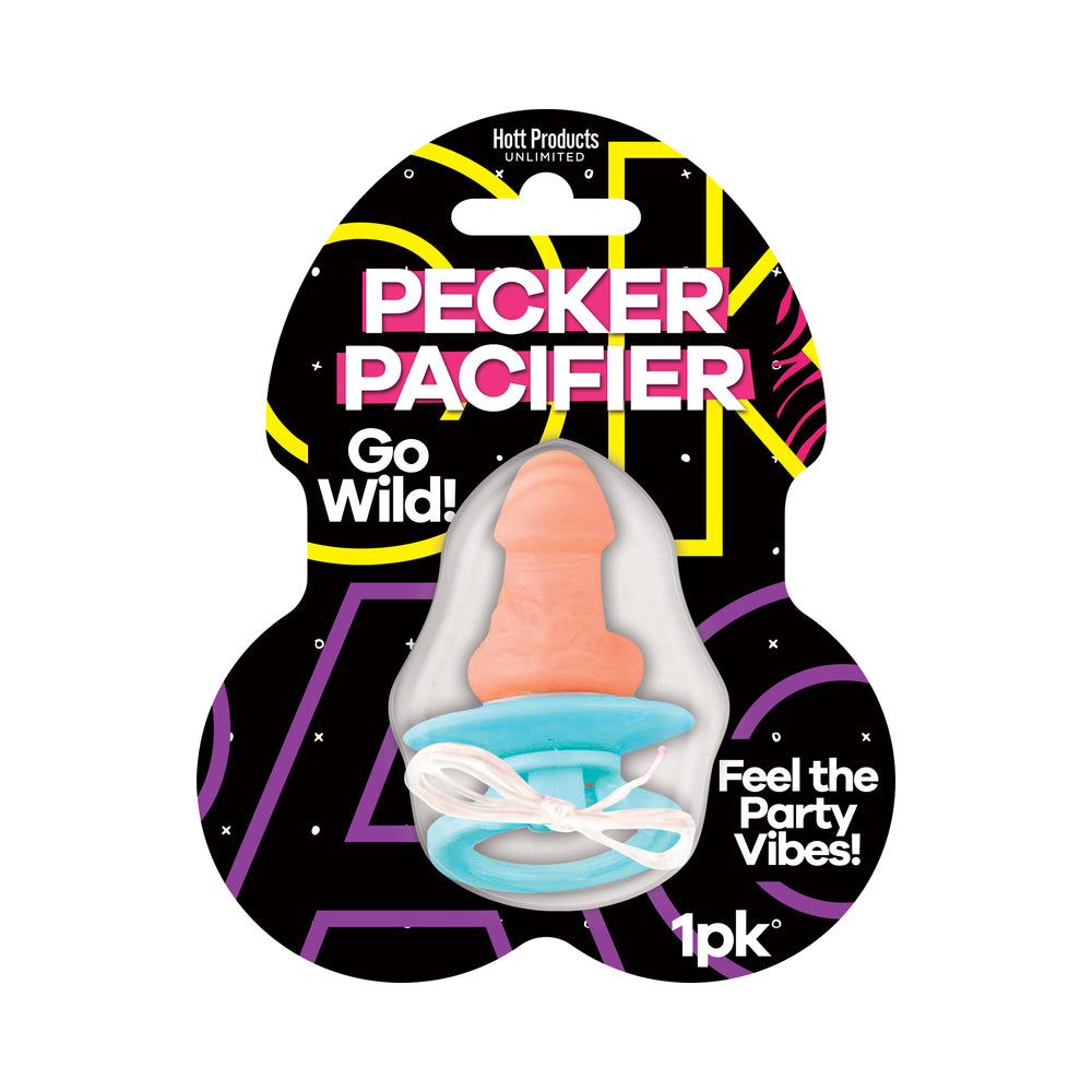 Pecker Pacifier Hott Products Pecker Pacifier with orange latex shape, turquoise shield and wrist loop on retail card