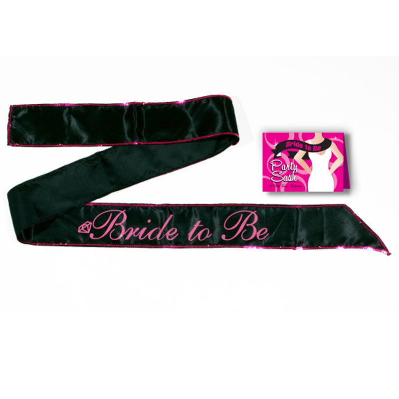 G.I.T.D. Bride To Be Sash Pink Black Bride to Be sash with pink trim and matching pink retail card