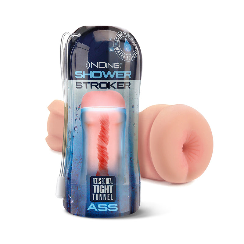 Happy Ending Self-Lubricating Shower Stroker - Ass Happy Ending ass shower stroker with blue package and beige sleeve