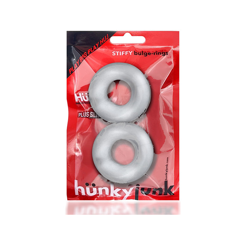 OxBalls Stiffy 2-Pack Bulge Cockrings Silicone TPR Clear Ice Two OxBalls Stiffy Clear Ice thick cock rings in red retail package