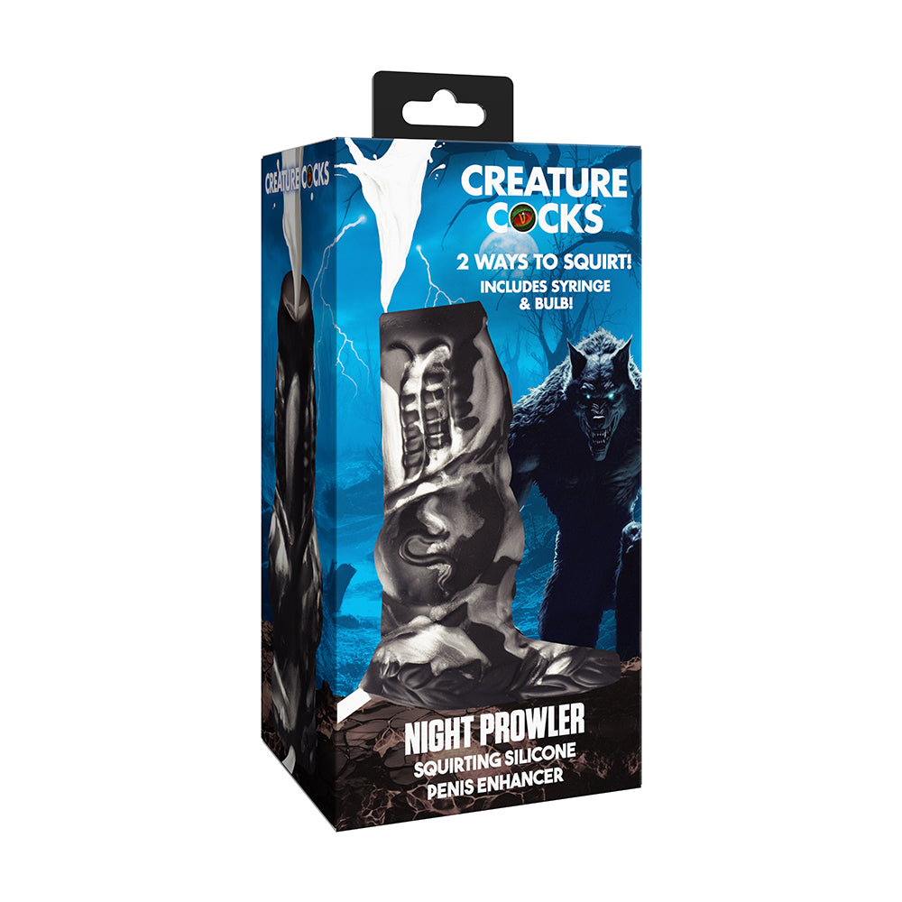 Creature Cocks Night Prowler Squirting Silicone Penis Enhancer Silver Creature Cocks Night Prowler silver enhancer in black-and-blue retail box