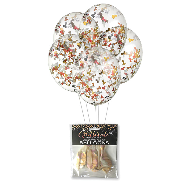 Glitterati Penis Party Confetti Filled Balloons 5-Pack Five clear Glitterati balloons with metallic confetti and retail packet