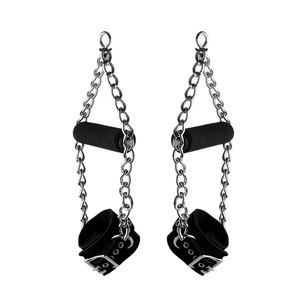Strict Leather Fur Lined Nubuck Suspension Cuffs with Grip Strict Leather black suspension cuffs with grips isolated pair with chain triangles