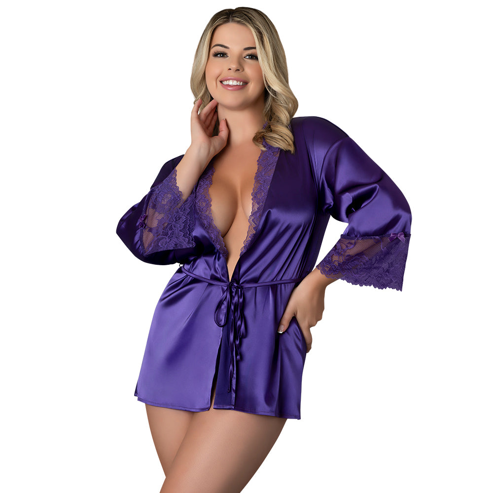 Magic Silk Satin Petals Robe Purple Queen Size Front view of Purple Satin Petals robe in Queen Size