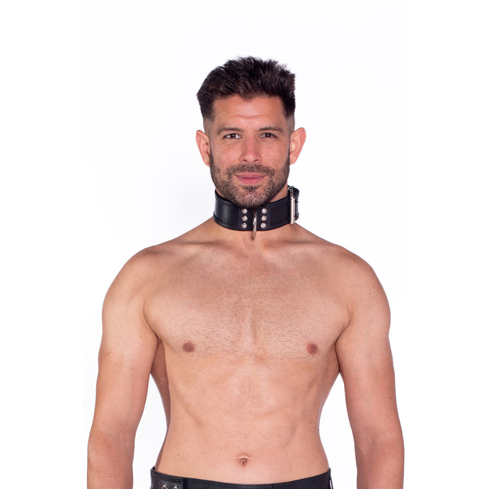 Prowler RED Leather Collar L/XL Front view of Prowler RED L/XL black leather collar worn with three metal rings