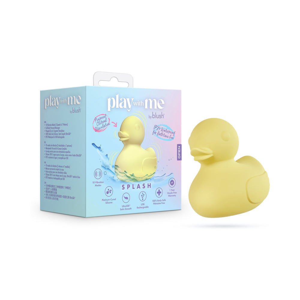 Play With Me Splash Yellow Yellow Play With Me Splash duck vibrator beside blue box