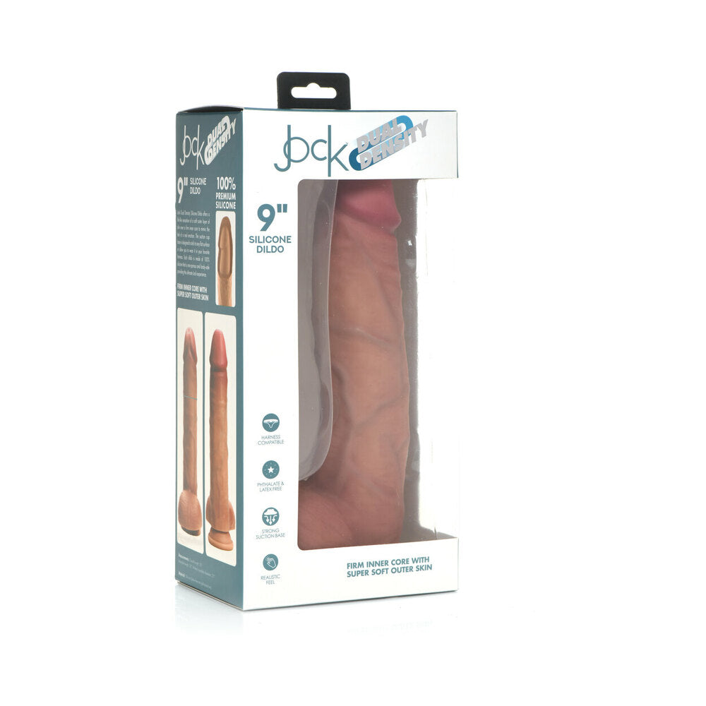 Curve Toys Jock Dual Density 9 in. Silicone Dildo with Balls & Suction Cup Light Curve Jock Light 9 dildo with balls angled retail box