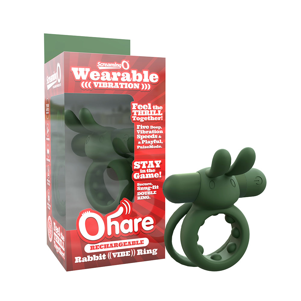 Screaming O Rechargeable Ohare Green Green rechargeable Ohare rabbit ring beside red box