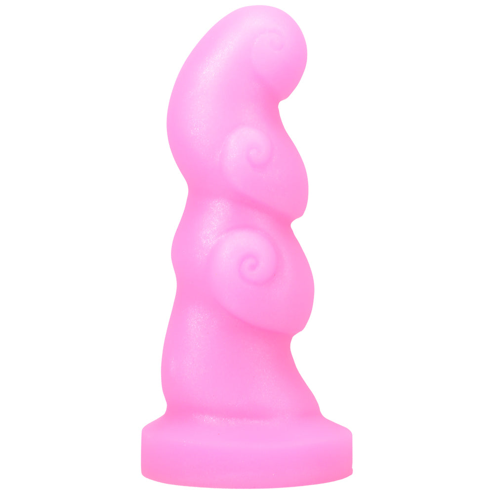 Tantus Hookah Textured Dildo Bubble Gum (Bag) Left angle of pink Tantus Hookah with curved tip and spiral swirls