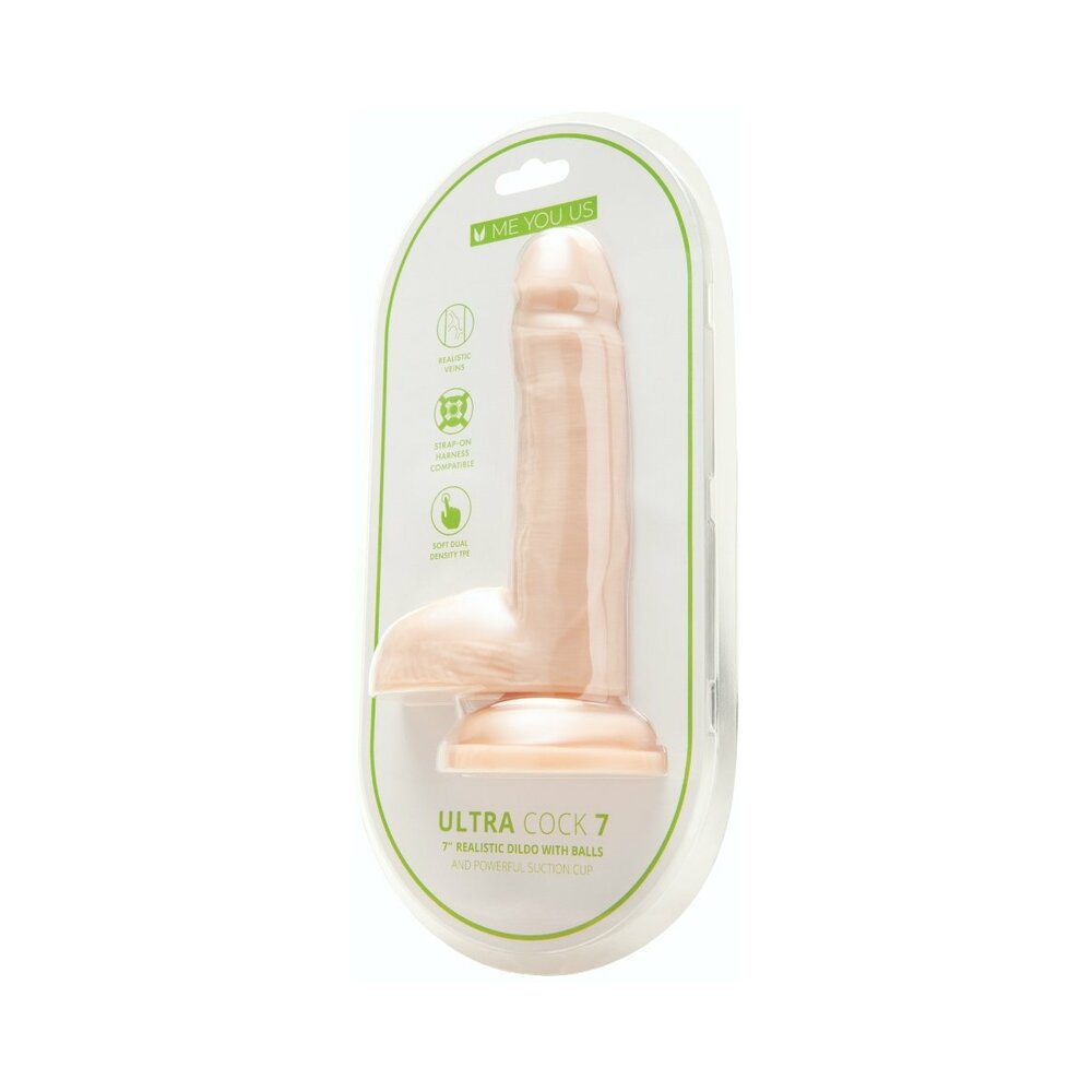 Me You Us Ultra Cock 7 in. Realistic Dual Density Dildo with Balls Vanilla Me You Us Ultra Cock 7-inch dual-density dildo blister pack
