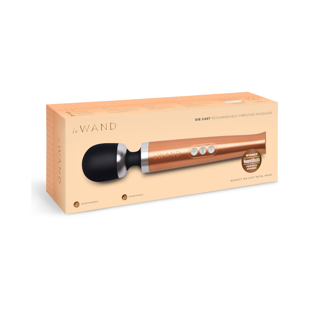 Le Wand Die Cast Rechargeable Massager Rose Gold Rose-gold Le Wand Die Cast rechargeable massager pictured on peach box
