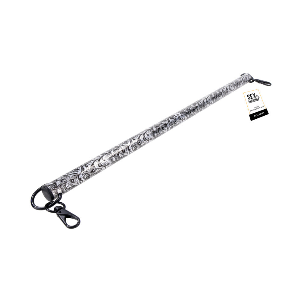 Sportsheets Sex & Mischief Lace Spreader Bar Sportsheets silver metal spreader bar with black lace pattern and end clips