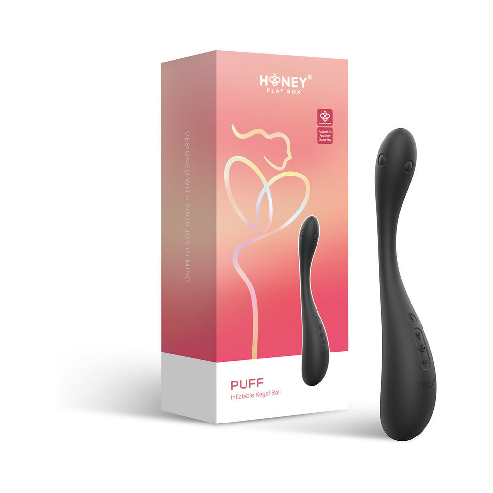 Honey Play Box Puff App-Controlled Inflatable Kegel Ball Black Black Honey Play Box Puff curved kegel ball beside pink box