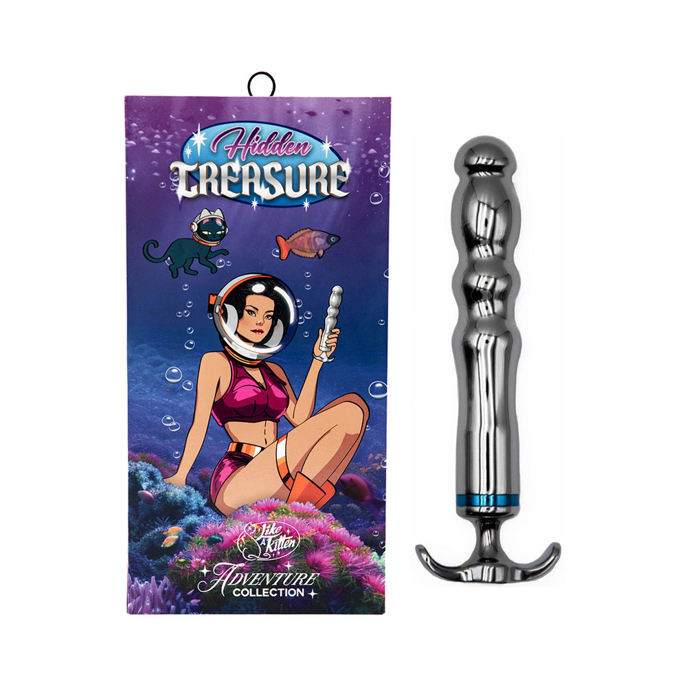 Hidden Treasure Metal Vibrator Hidden Treasure chrome wand beside illustrated retail box