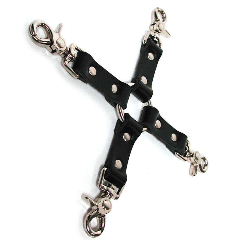 KinkLab Leather Hog Tie (Black) Black leather KinkLab hog tie with rivets and four silver hooks