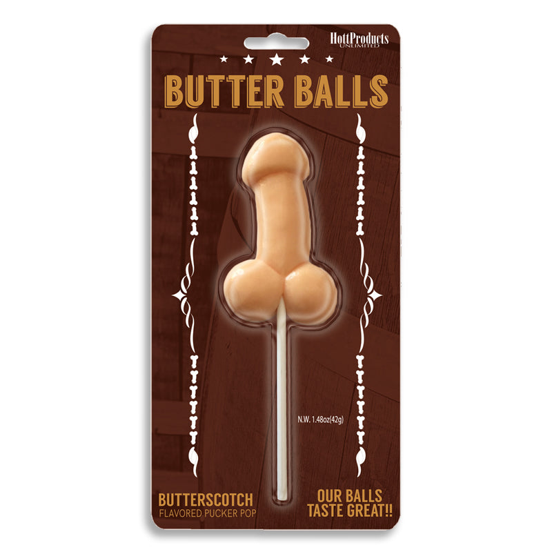Butter Balls Butterscotch Flavored Pecker Pop Butter Balls Butterscotch Pecker Pop in brown blister card