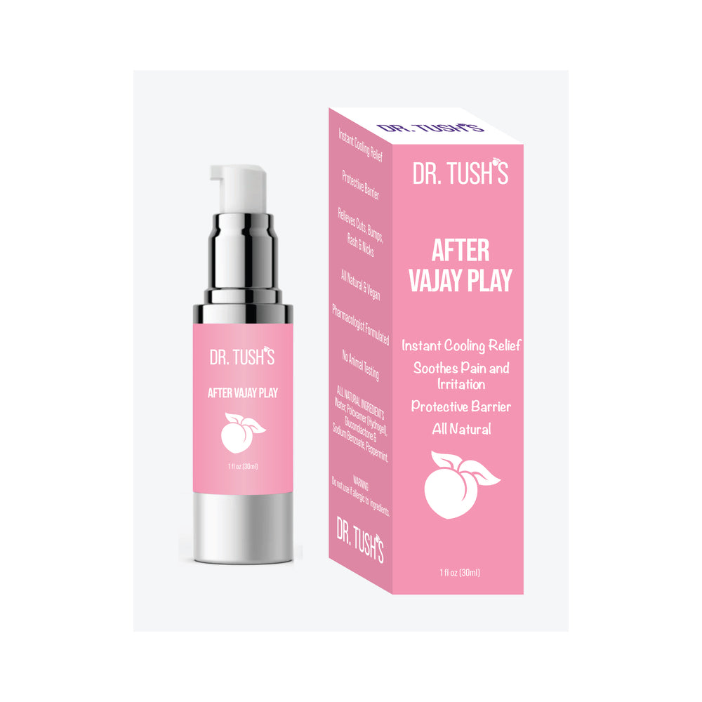 Dr. Tush''s After Vajay Play 1 oz. Dr. Tush's After Vajay Play pump bottle beside pink box