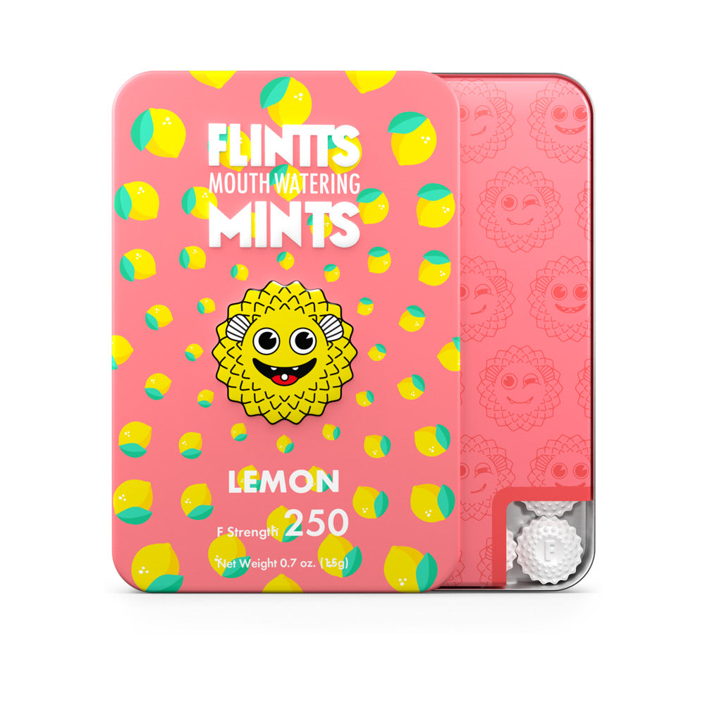 Flintts Mints Lemon - F Strength 250 Pink Flintts Lemon Mints F-Strength 250 slide tin with yellow lemon pattern