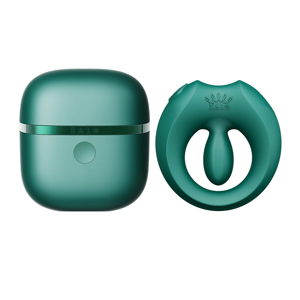 Zalo Legend Series Apis Turquoise Green Zalo Legend Apis Turquoise Green wearable ring vibrator set open ring beside the matching rounded charging case
