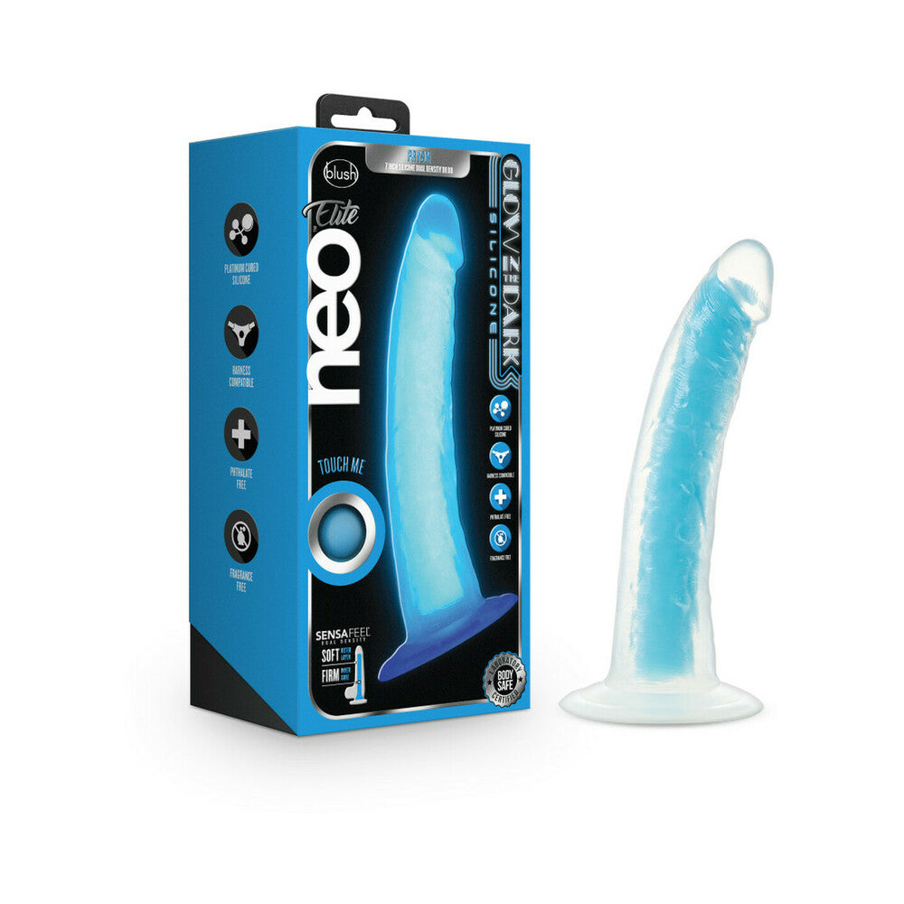 Neo Elite Glow in the Dark Prysm 7 in. Silicone Dual Density Dildo Neon Blue Blue Blush Neo Elite Prysm dildo standing beside retail box