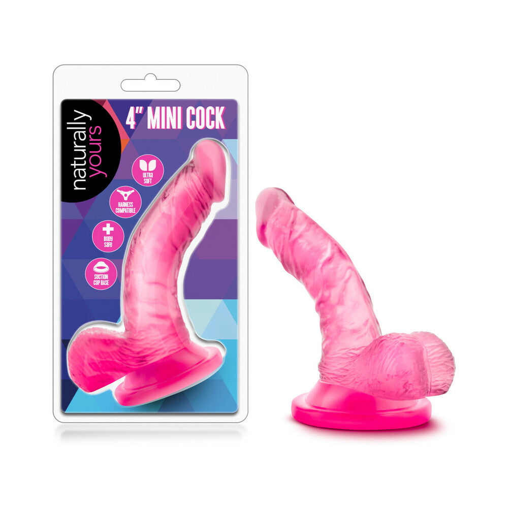 Naturally Yours 4 in. Mini Cock Realistic Dildo with Balls Pink Blush Naturally Yours Pink 4 Inch Mini Dildo beside clear retail package