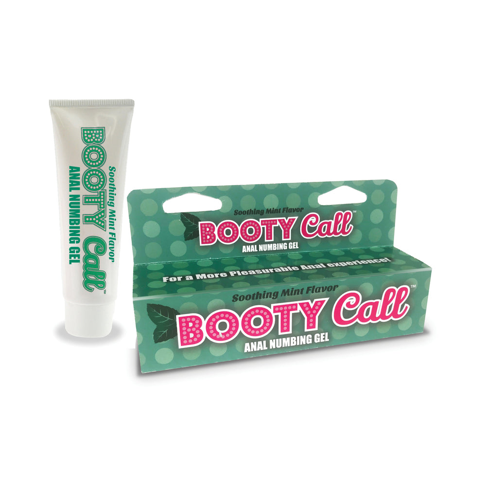 Booty Call Anal Numbing Gel Mint 1.5 oz. Little Genie Booty Call mint gel white squeeze tube beside teal polka-dot retail box