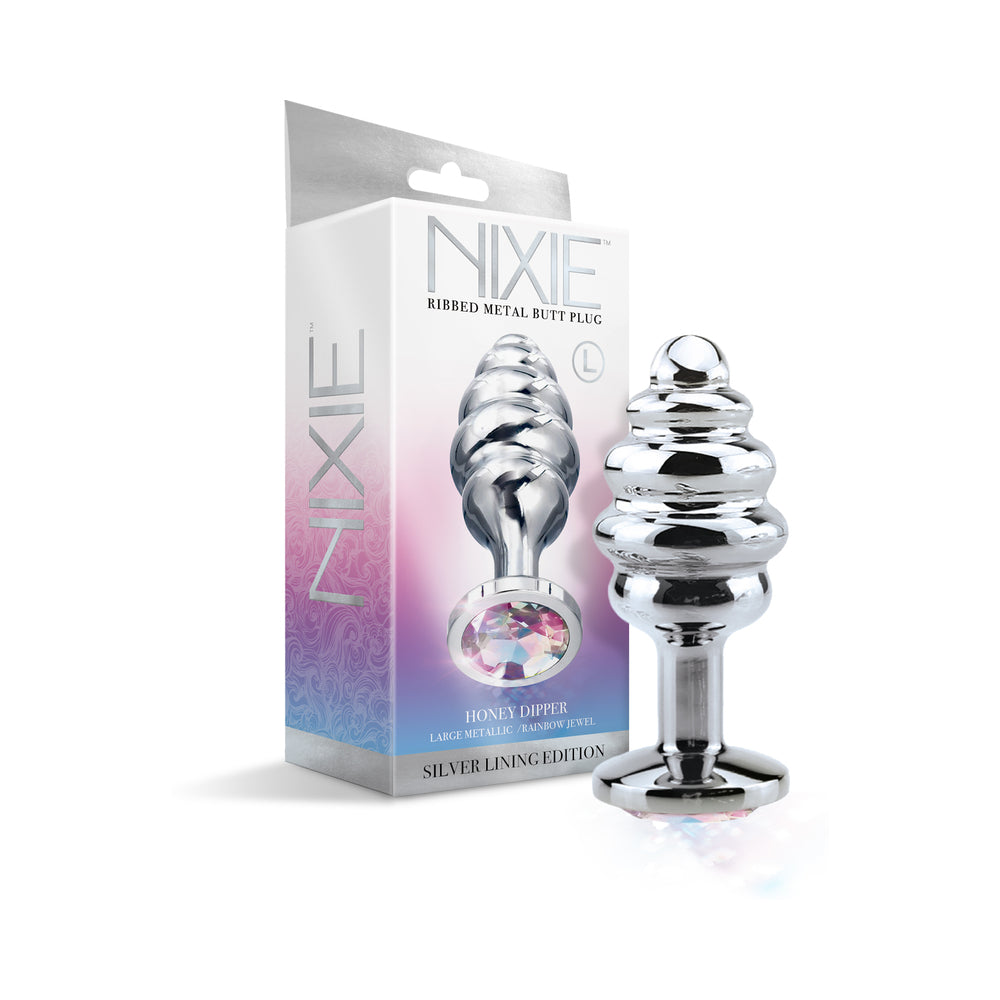 Nixie Ribbed Metal Butt Plug Honey Dipper Large large Nixie Honey Dipper silver plug displayed beside retail box