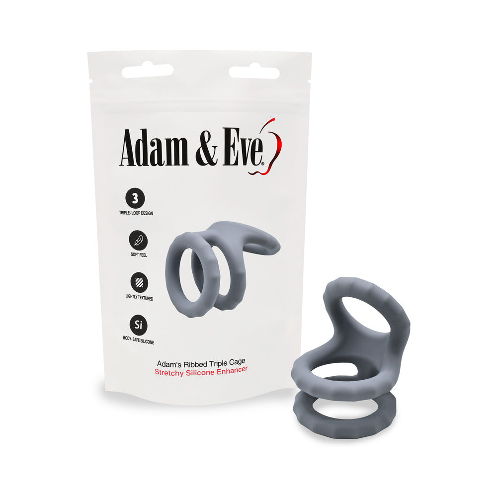 Adam & Eve Adam''s Ridged Triple Cage (Bag Packaging) Adam's gray Ridged Triple Cage beside white hanging pouch