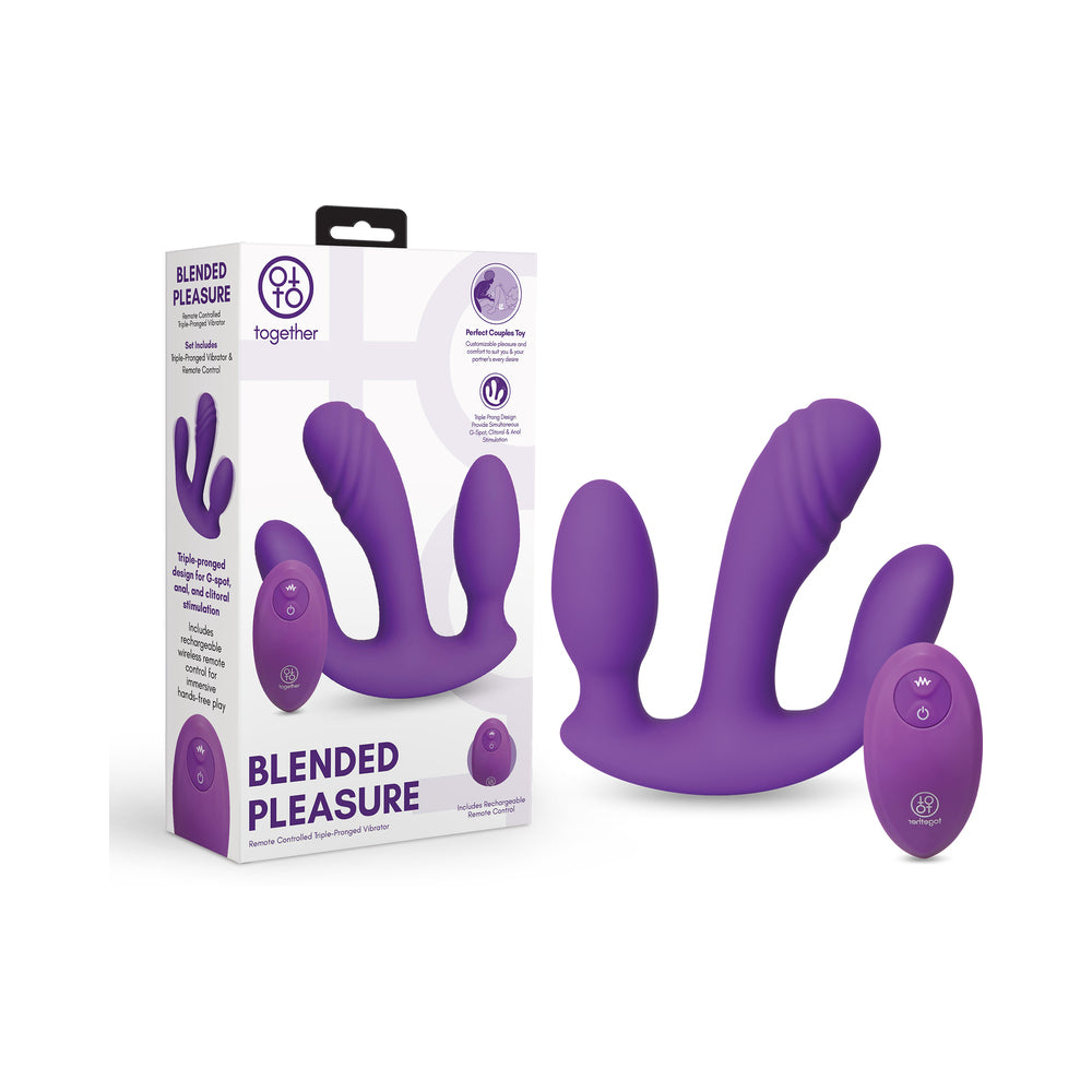 Together Blended Pleasure Remote Controlled Triple-Pronged Vibrator Purple Together Blended Pleasure triple-pronged vibrator and remote beside retail box