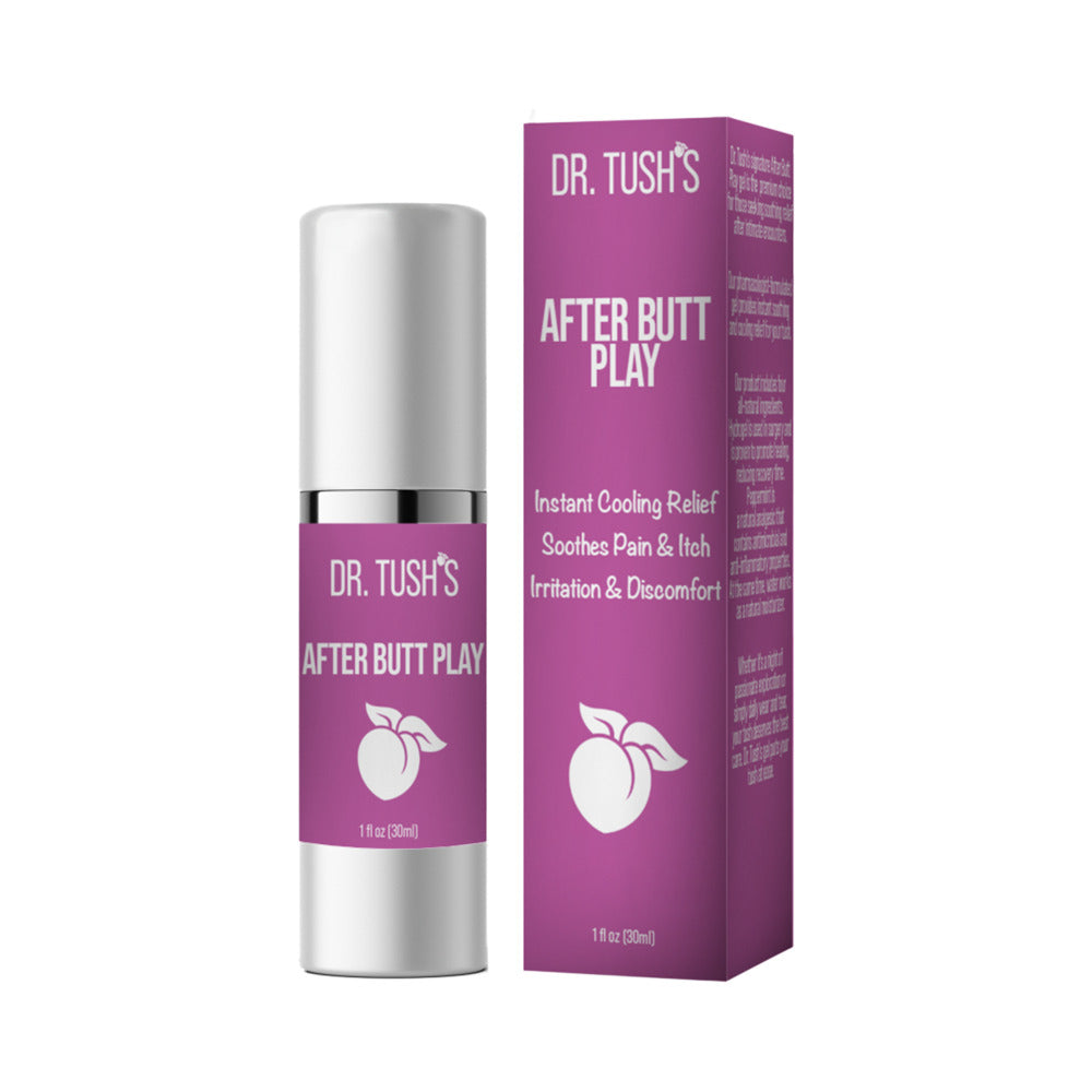 Dr. Tush''s After Butt Play Pink Box 1 oz. Dr. Tush's After Butt Play Pink 1 oz gel silver-capped pump bottle beside magenta retail carton