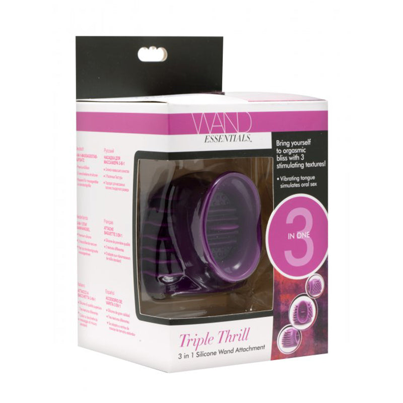 Wand Essentials Thunder-Gasm 3 In 1 Silicone Wand Attachment, Purple XR Brands Thunder-Gasm purple silicone wand topper in pink and white windowed box